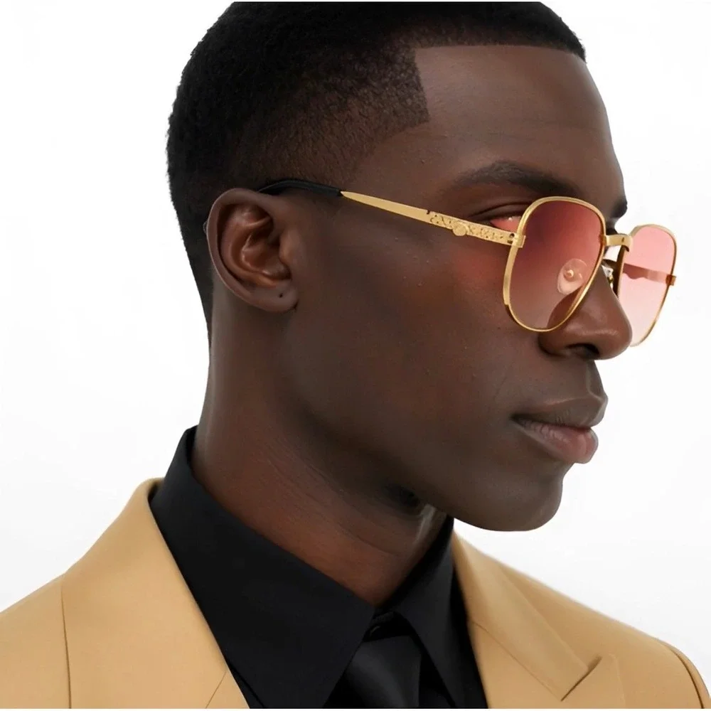 Gold Square Fashion Sunglasses Pink Gradient Lens‎ Retro 70s Braided Temple Mens